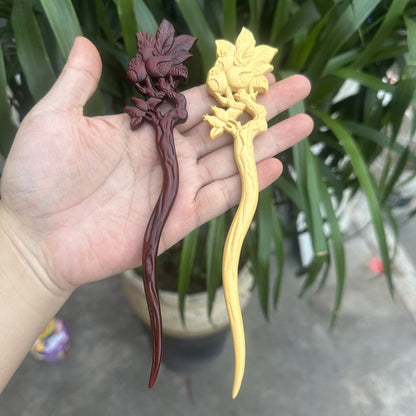 Natural rosewood hair stick set 17cm U shape hairpins with pomegranate design, deep reddish smooth uncoated finish