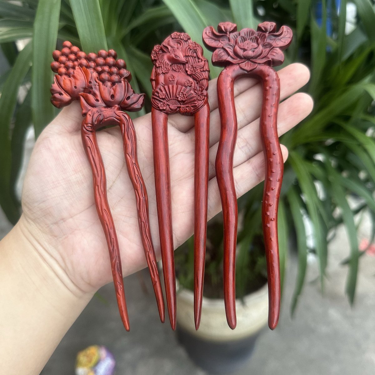 Natural rosewood hair stick set 17cm U shape hairpins with double-sided detailed motifs, deep red smooth uncoated finish