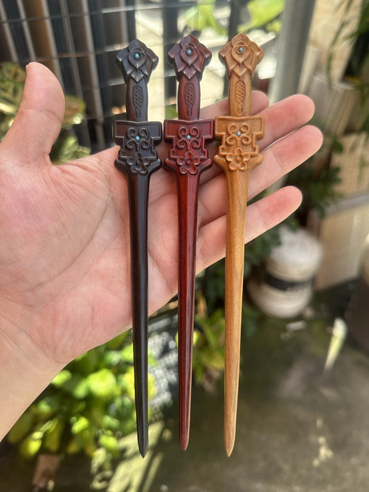 Natural sword hair stick set in rosewood, green sandalwood, and African blackwood with decorative guard and floral accents, 20cm smooth uncoated wooden hair pins