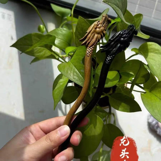 Natural dragon head hair stick set in rosewood, green sandalwood, and African blackwood, 20cm curved smooth uncoated wooden hair pins