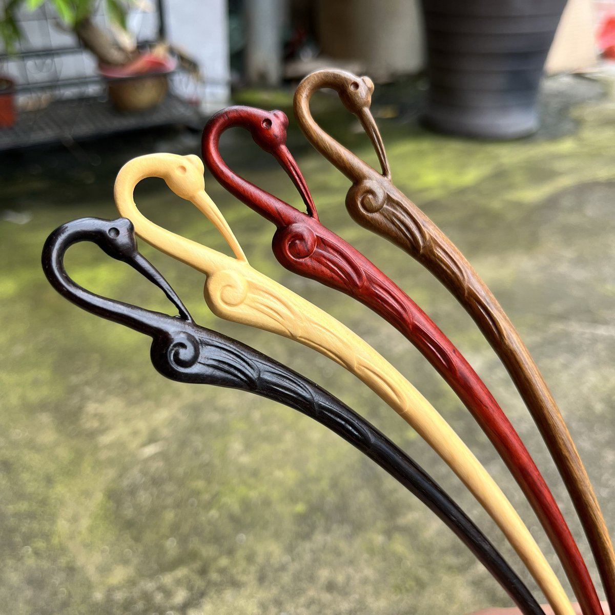 Natural crane hair stick set in rosewood, green sandalwood, boxwood, and African blackwood, 20cm curved smooth uncoated wooden hair pins