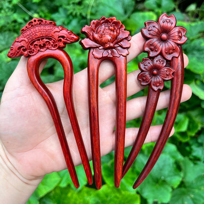 Natural rosewood hair stick set 15cm U shape hairpins with floral and ornamental designs, deep red smooth uncoated finish