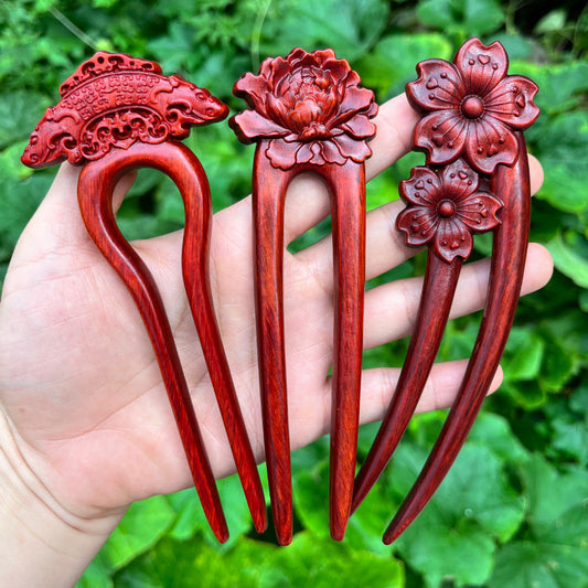 Natural rosewood hair stick set 15cm U shape hairpins with floral and ornamental designs, deep red smooth uncoated finish
