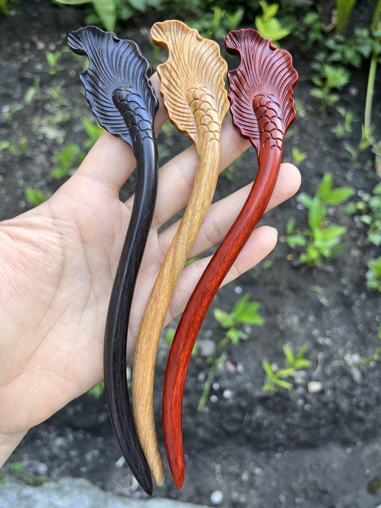Natural fish tail hair stick set in rosewood, green sandalwood, and African blackwood, 20cm curved wooden hair pins with scale design smooth finish