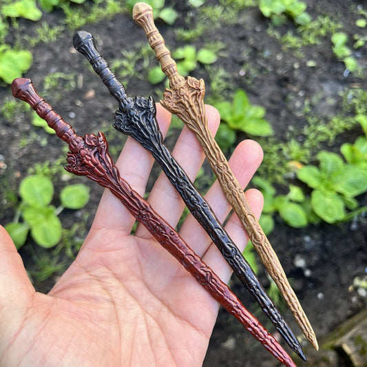 Natural wooden sword hair stick set in rosewood, green sandalwood, and African blackwood with dragon pattern, 20cm smooth uncoated finish