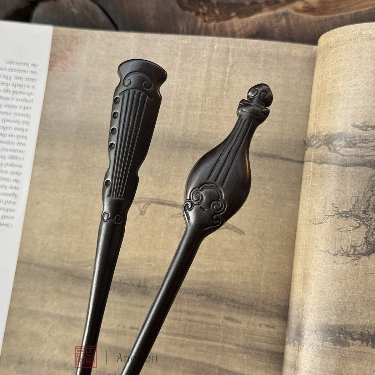 Natural African Blackwood Hair Stick Set - Boya Juexian Pipa and Guqin Designs #伯牙绝弦