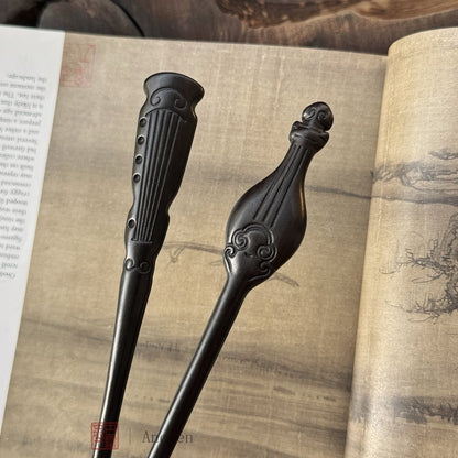 Natural African Blackwood Hair Stick Set - Boya Juexian Pipa and Guqin Designs #伯牙绝弦