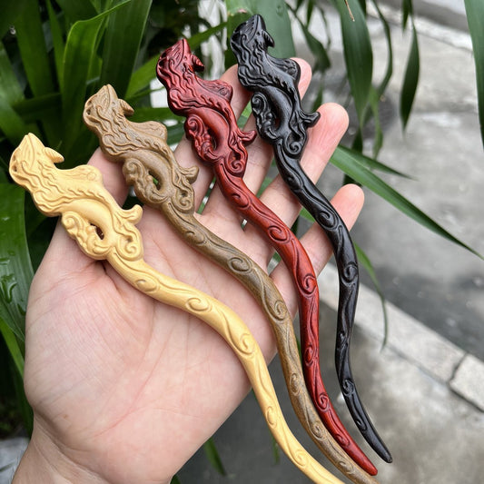 Natural hair stick set in rosewood, green sandalwood, boxwood, and African blackwood with mythical creature design, 20cm curved smooth uncoated wooden hair pins