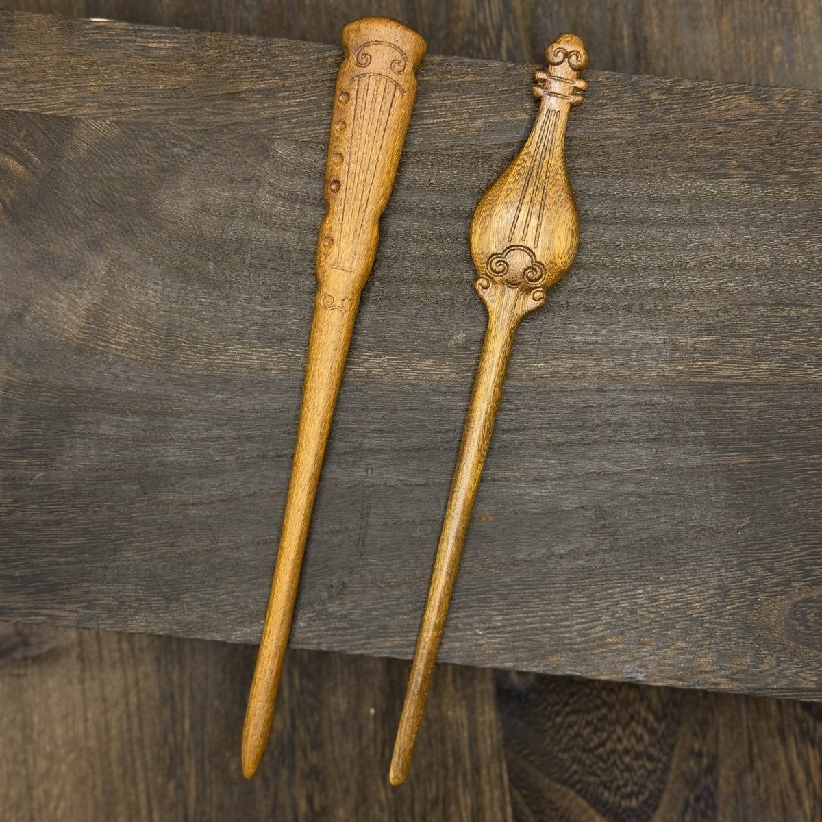 Natural African Blackwood Hair Stick Set - Boya Juexian Pipa and Guqin Designs #伯牙绝弦