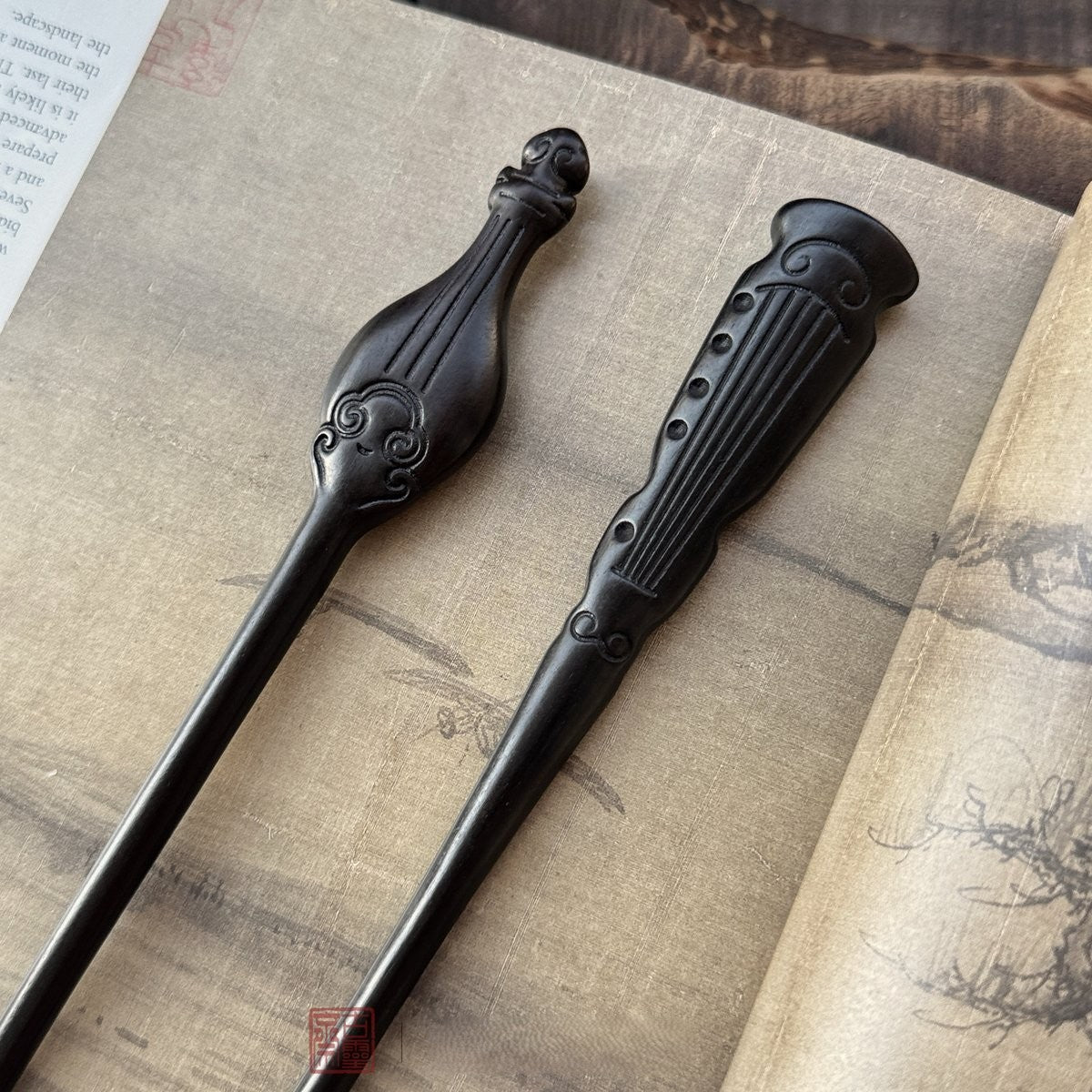 Natural African Blackwood Hair Stick Set - Boya Juexian Pipa and Guqin Designs #伯牙绝弦