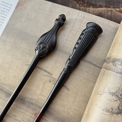 Natural African Blackwood Hair Stick Set - Boya Juexian Pipa and Guqin Designs #伯牙绝弦
