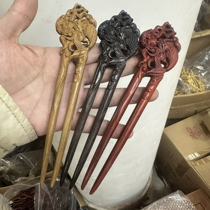 Natural U shape hair stick set in rosewood, green sandalwood, and African blackwood with mermaid design, 17cm smooth uncoated wooden hair pins