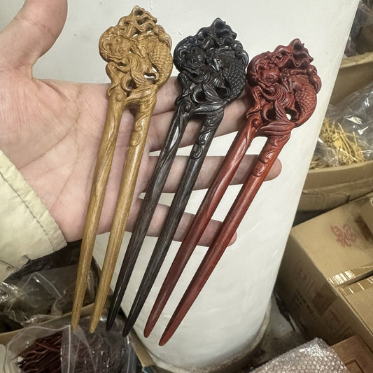 Natural U shape hair stick set in rosewood, green sandalwood, and African blackwood with mermaid design, 17cm smooth uncoated wooden hair pins