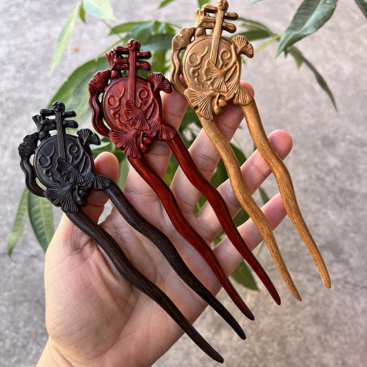 Natural U shape hair stick set in rosewood, green sandalwood, and African blackwood with moon lute design, 17cm smooth uncoated wooden hair pins