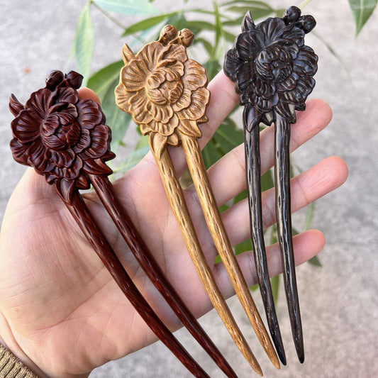 Natural U shape hair stick set in rosewood, green sandalwood, and African blackwood with peony flower design, 17cm smooth uncoated wooden hair pins