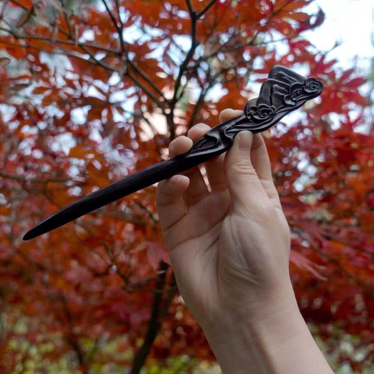 Natural African Blackwood Hair Stick - 20cm Landscape Design Hairpin Smooth Finish (山水图)