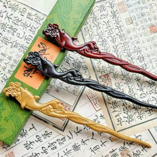 Natural hair stick set in rosewood, green sandalwood, and African blackwood with big fish and begonia design, 20cm curved smooth uncoated wooden hair pins