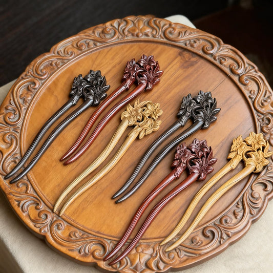 Natural lily flower hair stick set in rosewood, green sandalwood, boxwood, and African blackwood, 17cm curved smooth uncoated wooden hair pins