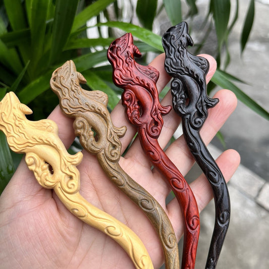 Natural Wooden Hair Stick Set - 20cm Mythical Creature Design (山海鲸)
