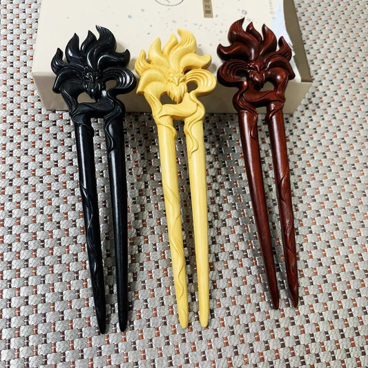 Natural U shape hair stick set in rosewood, green sandalwood, boxwood, and African blackwood with nine-tailed fox design, 17cm smooth uncoated wooden hair pins