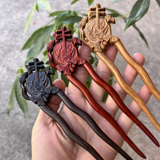 Natural Wooden Hair Stick Set - 17cm U Shape Moon Lute Hairpin (月琴)