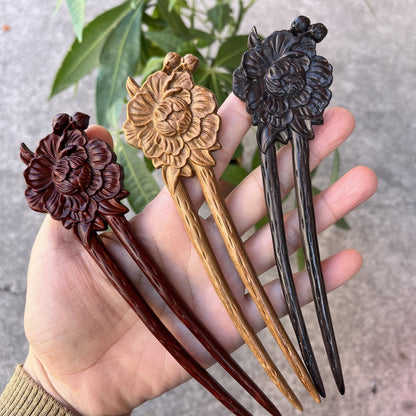 Natural Wooden Hair Stick Set - 17cm U Shape Peony Hairpin (富贵牡丹)