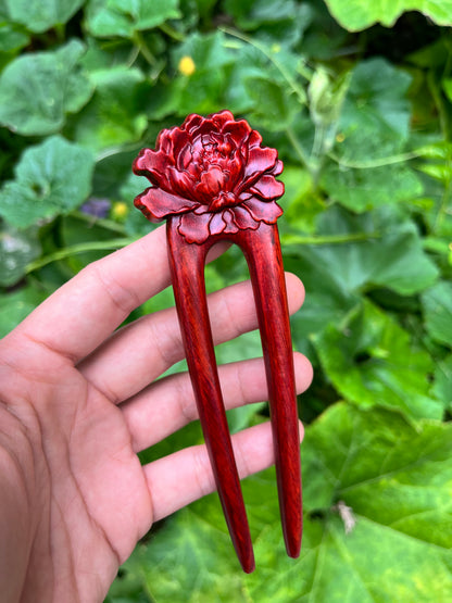 Natural Rosewood Hair Stick Set - 15cm U Shape Hairpin with Floral Designs (招财貔貅)