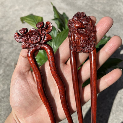 Natural Rosewood Hair Stick Set - 17cm U Shape Double-Sided Hairpin (U形发钗)