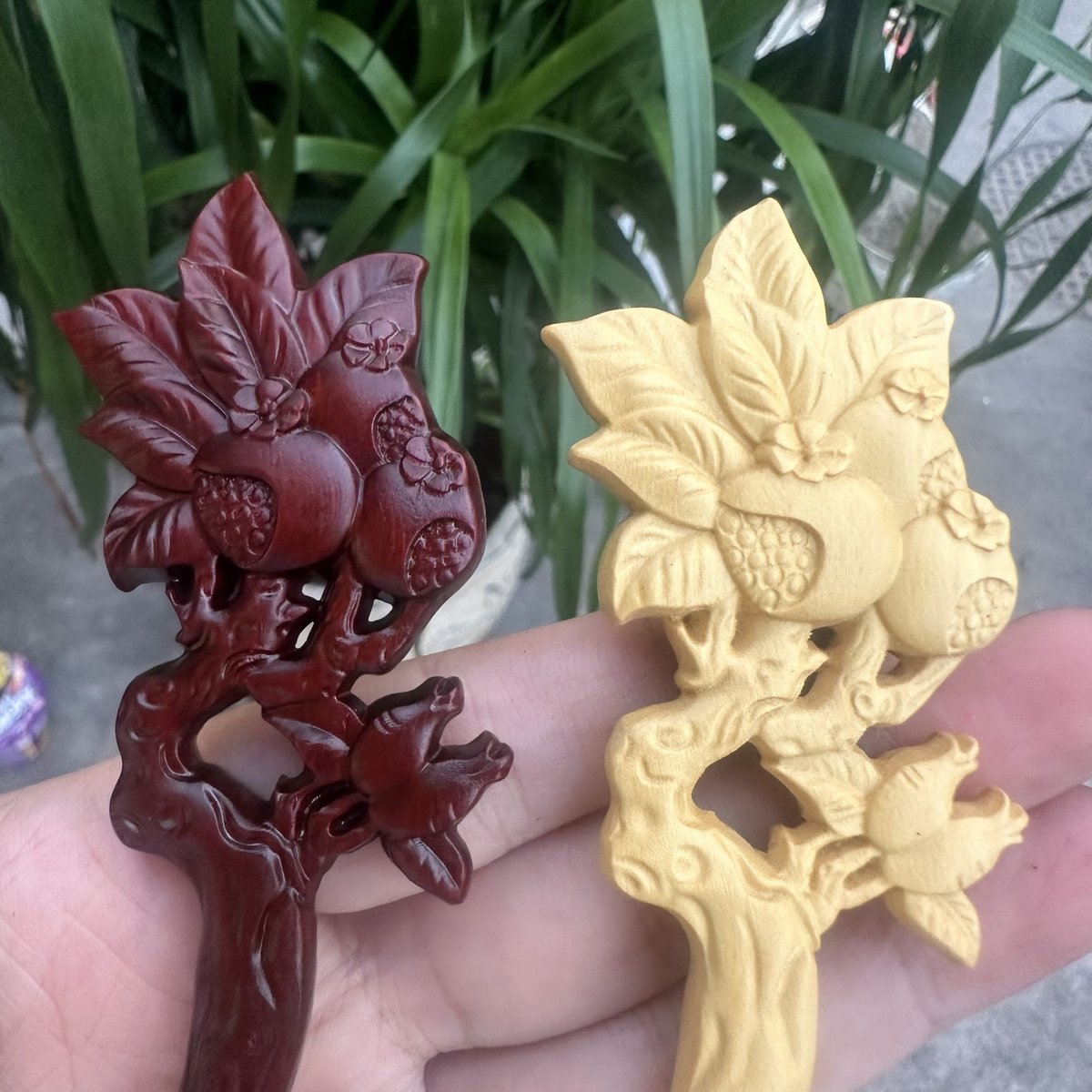 Natural Rosewood Hair Stick Set - 20cm U Shape Pomegranate Design Hairpin (石榴单簪)