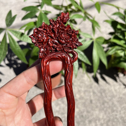 Natural Wooden Hair Stick Set - 17cm U Shape Peony Hairpin (牡丹花开)