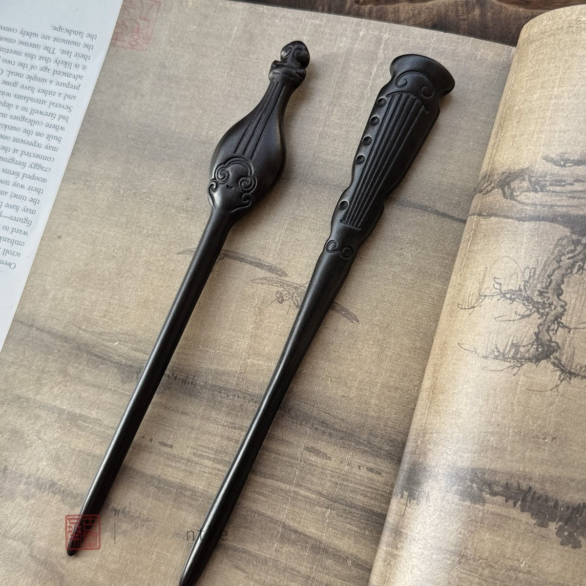 Natural African Blackwood Hair Stick Set - Boya Juexian Pipa and Guqin Designs #伯牙绝弦