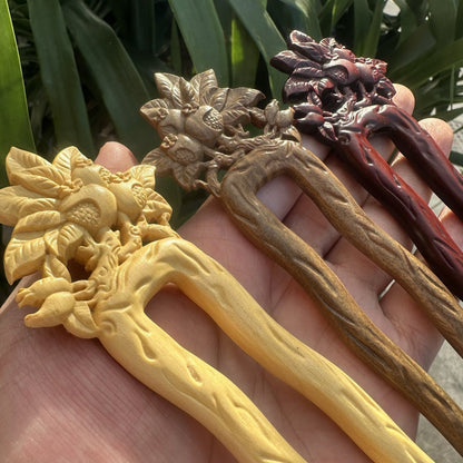 Natural Wooden Hair Stick Set - 17cm U Shape Pomegranate Hairpin (石榴花U簪)