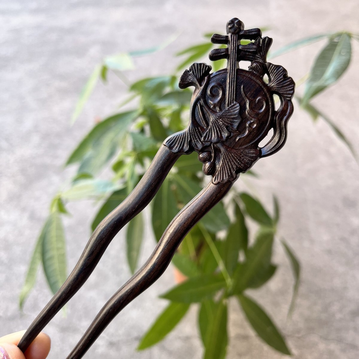 Natural Wooden Hair Stick Set - 17cm U Shape Moon Lute Hairpin (月琴)
