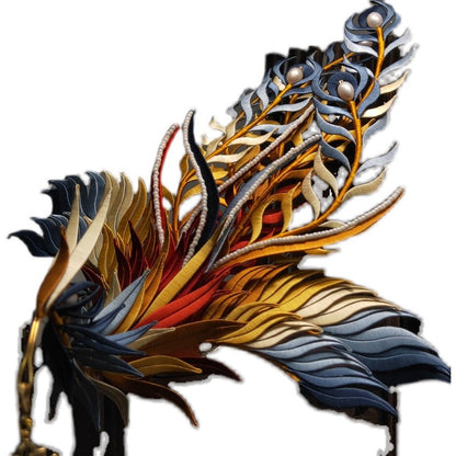 Close-up of a completed DIY Chanhua phoenix hair ornament with intricate blue, gold, and red silk threads and pearl embellishments.