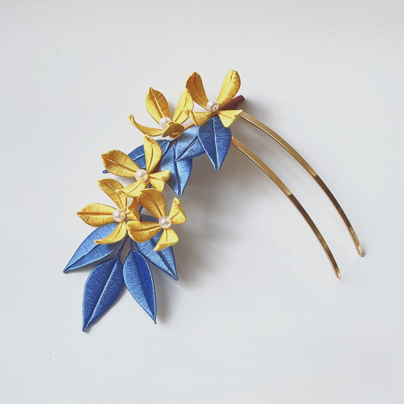 Muxi Hairpin Chanhua DIY Kit - handmade yellow and blue silk thread flowers on gold metal hairpin