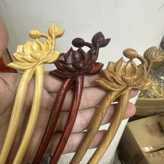 Natural Wooden Hair Stick Set - 17cm U Shape Lotus Hairpin (荷花)
