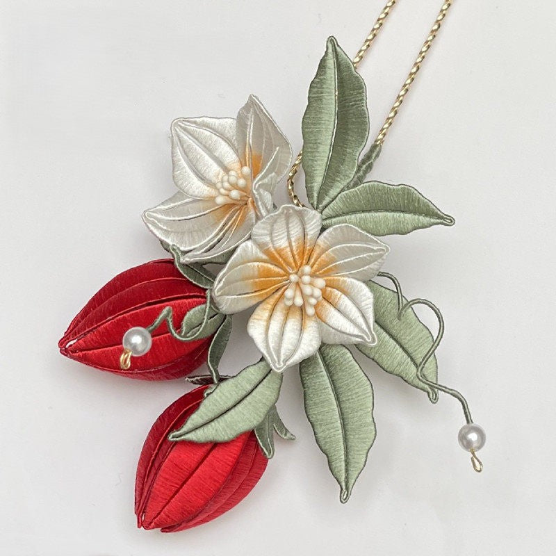 DIY Strawberry Flower Hairpin Chanhua Kit - handmade silk velvet flower hair accessory with red strawberries and white petals