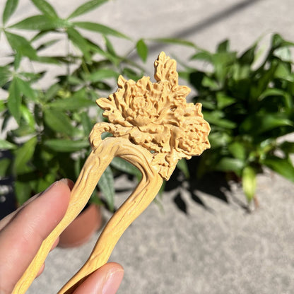 Natural Wooden Hair Stick Set - 17cm U Shape Peony Hairpin (牡丹花开)