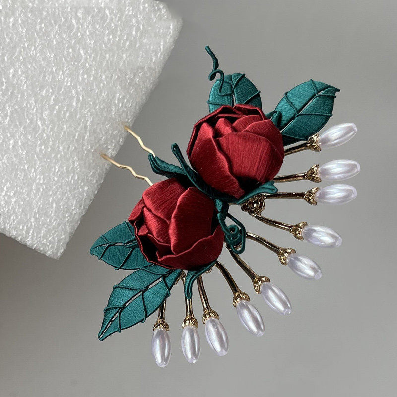 Veined Rose Chanhua Hairpin DIY Kit - Red Silk Velvet Flower with Pearls and Green Leaves