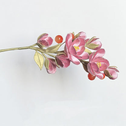 Finished pink crabapple flower branch made from the DIY Chanhua velvet flower kit.