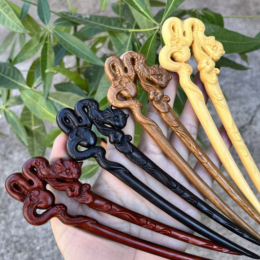 Natural Wooden Snake Hair Stick Set - 17cm U Shape (美女蛇)
