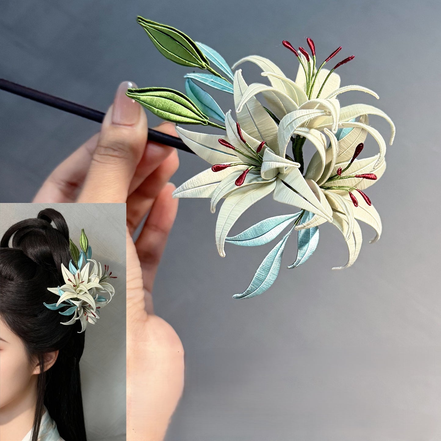 Handmade lily flower hairpin DIY kit featuring Chanhua-inspired silk blooms on a black pin, shown in hand and worn in hair.