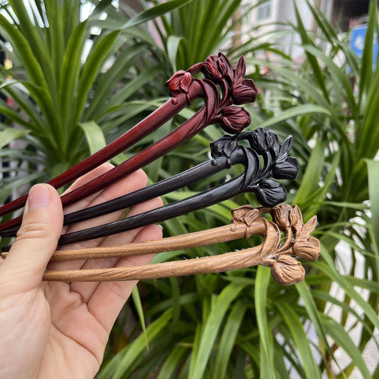 Natural U shape hair stick set in rosewood, green sandalwood, and African blackwood with tulip flower design, 17cm smooth uncoated wooden hair pins