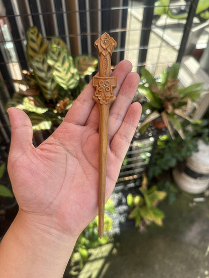 Natural Wooden Sword Hair Stick Set - 20cm Hairpin (莲花剑簪)