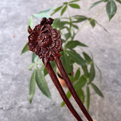 Natural Wooden Hair Stick Set - 17cm U Shape Peony Hairpin (富贵牡丹)