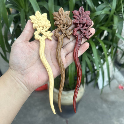 Natural Rosewood Hair Stick Set - 20cm U Shape Pomegranate Design Hairpin (石榴单簪)