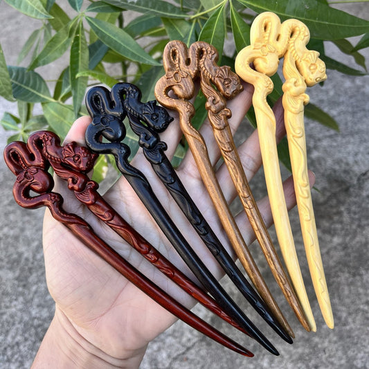 Natural U shape snake hair stick set in rosewood, green sandalwood, boxwood, and African blackwood, 17cm curved smooth uncoated wooden hair pins