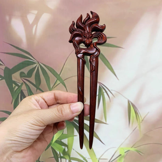 Natural Wooden Hair Stick Set - 17cm U Shape Nine-Tailed Fox Hairpin (九尾狐凤九)