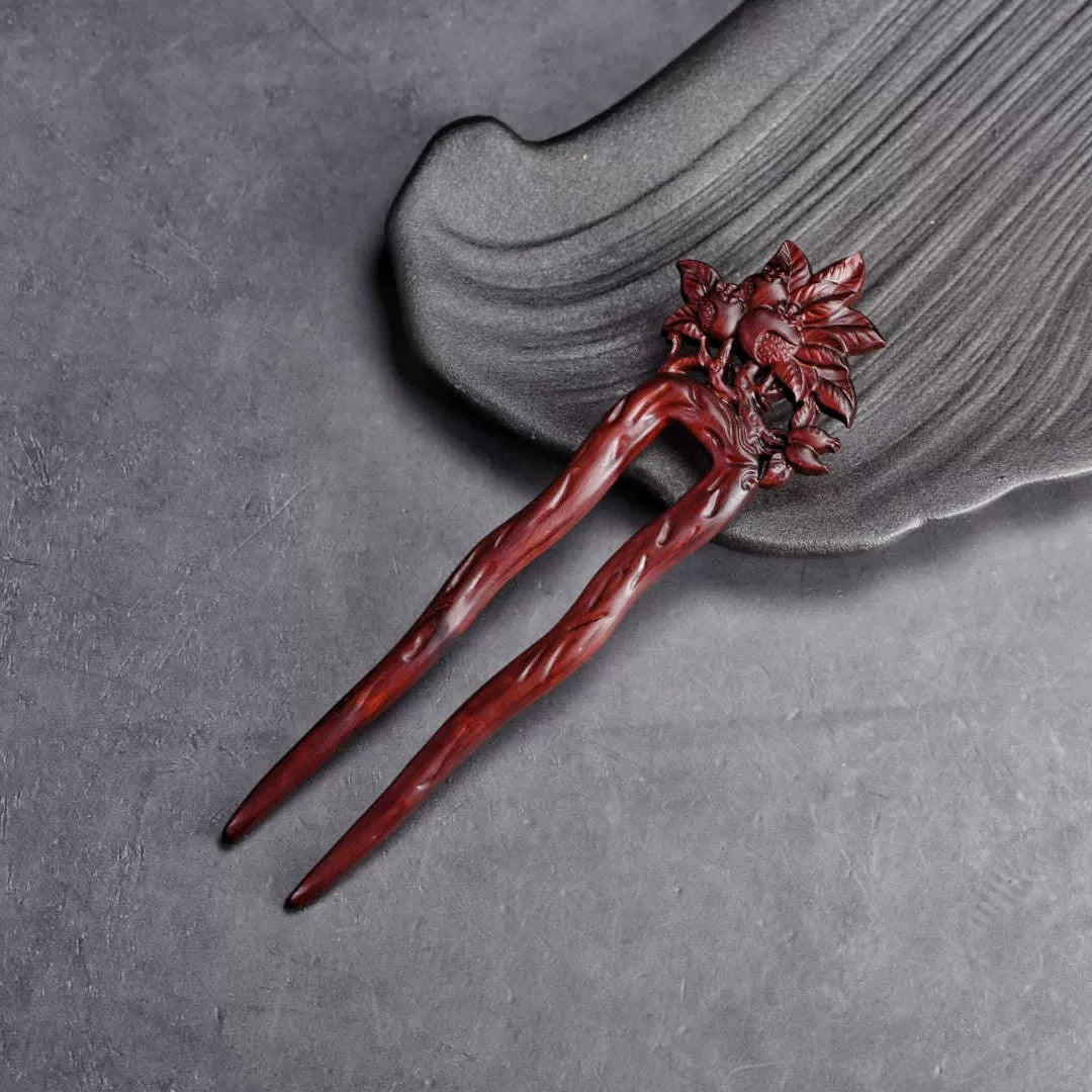 Natural Rosewood Hair Stick - Double-Sided Carved U Shape Hairpin (U形发钗)