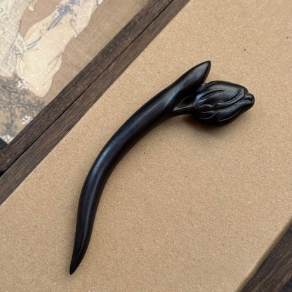 Natural African Blackwood Hair Stick - Tulip Flower Design 12cm #郁金香